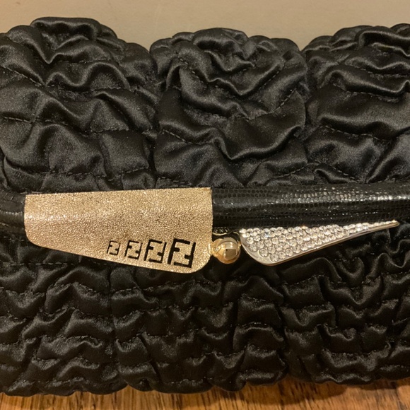 FENDI Borderline Clutch in Black Pleated Satin with Gold and Silver Kiss Lock - Picture 2 of 14